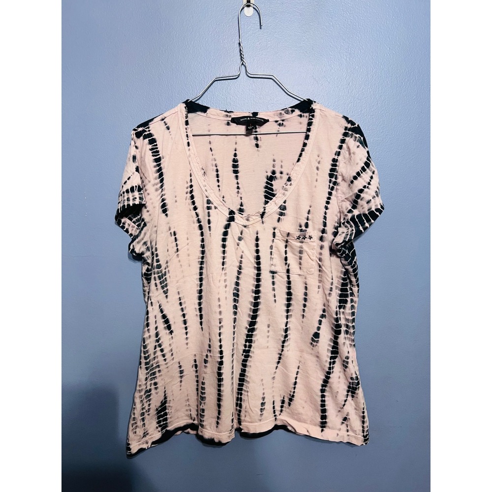 Rock & Republic Light Pink Black Tie Dye V-Neck Tee SZ LG Grunge Gothic Y2K Star